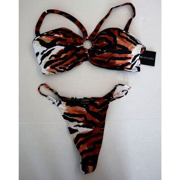 Icon Swim x City Girls ICON1026 Sz XL Brown Zebra Print Take Yo Man Thong Bikini - Picture 1 of 7